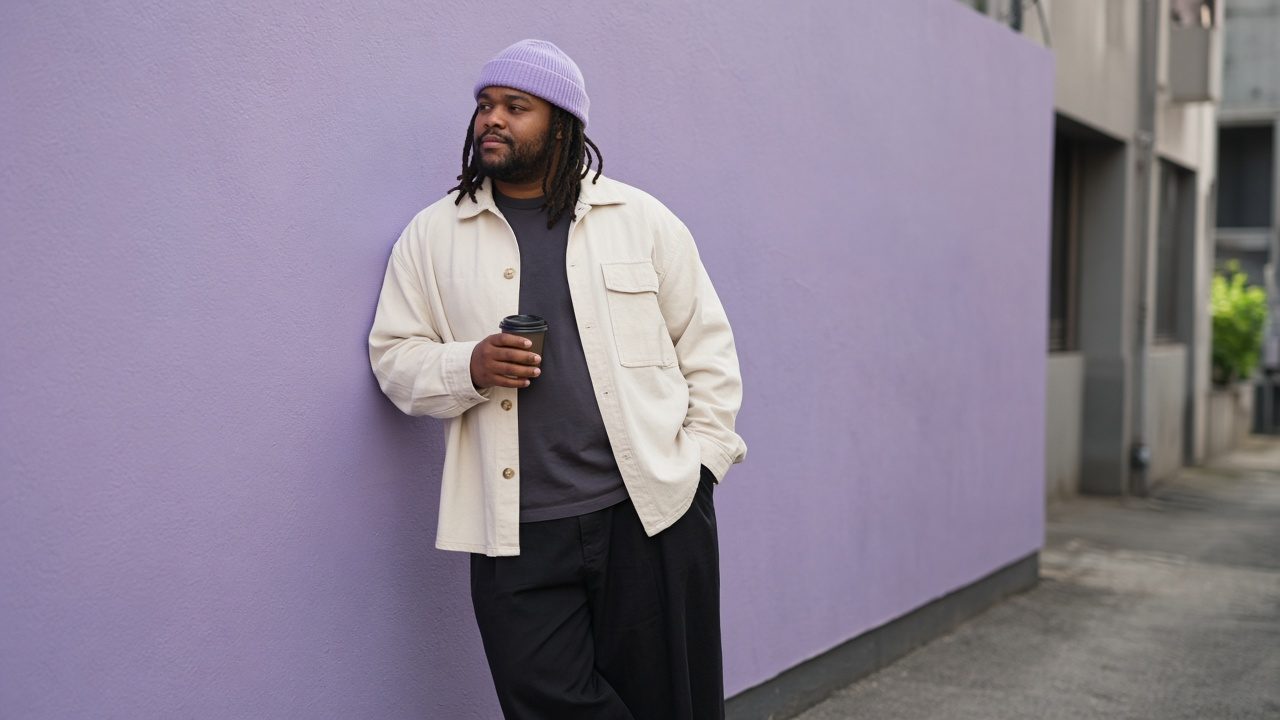 Man in a cream overshirt against a lavender wall
