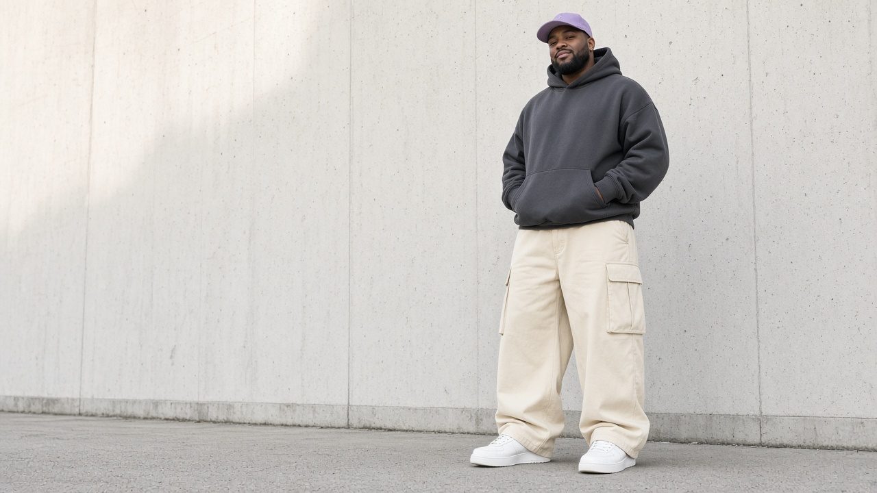 Man in an oversized hoodie and cargos