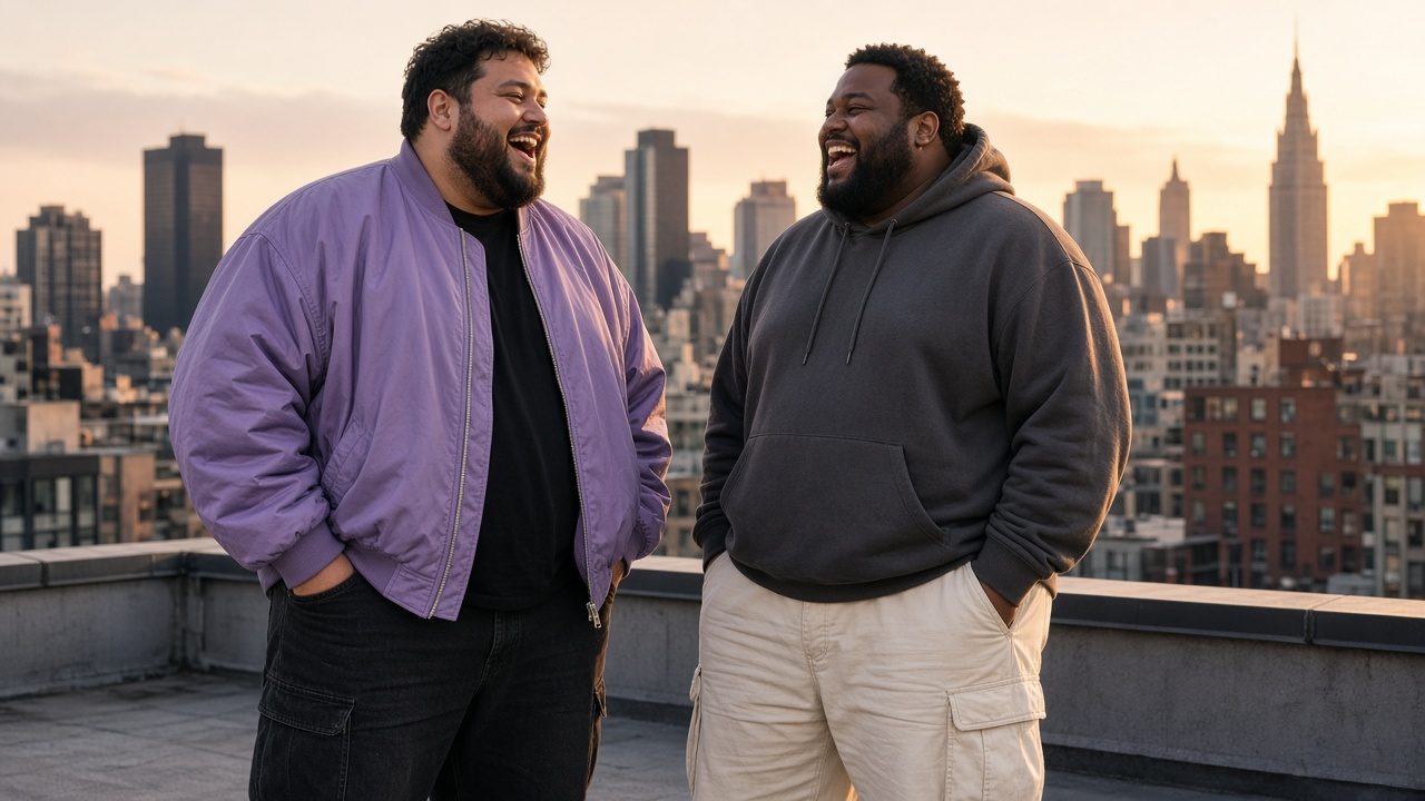 Two friends laughing on a rooftop